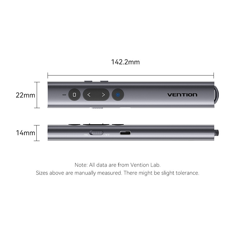 Szürke Vention prezentáló gombbal és méretekkel. Tartalmaz be/ki kapcsolót és USB portot. A szöveg a Vention Lab adatait jelzi.