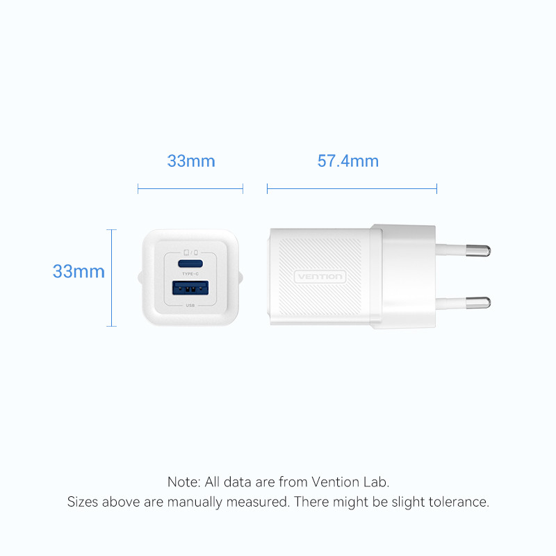 Fehér Vention USB töltő méretekkel. 33 mm-es négyzet alakú töltő USB és Type-C portokkal, 57,4 mm-es dugó és szöveg.
