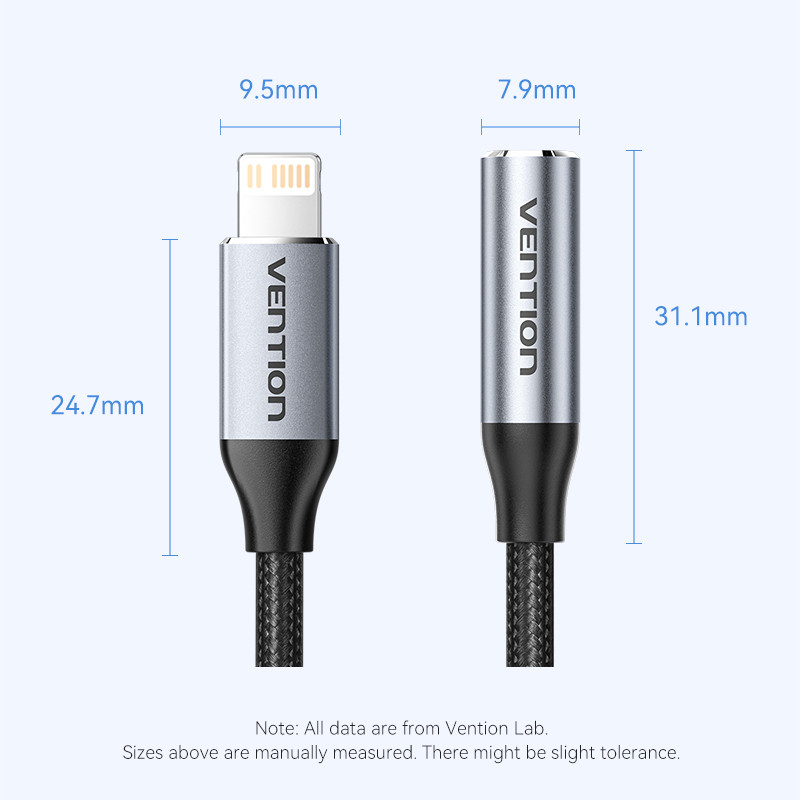 Két Vention kábel látható. Az egyik egy Lightning csatlakozó, a másik egy 3,5 mm-es audio adapter. Méretek mindegyikhez.