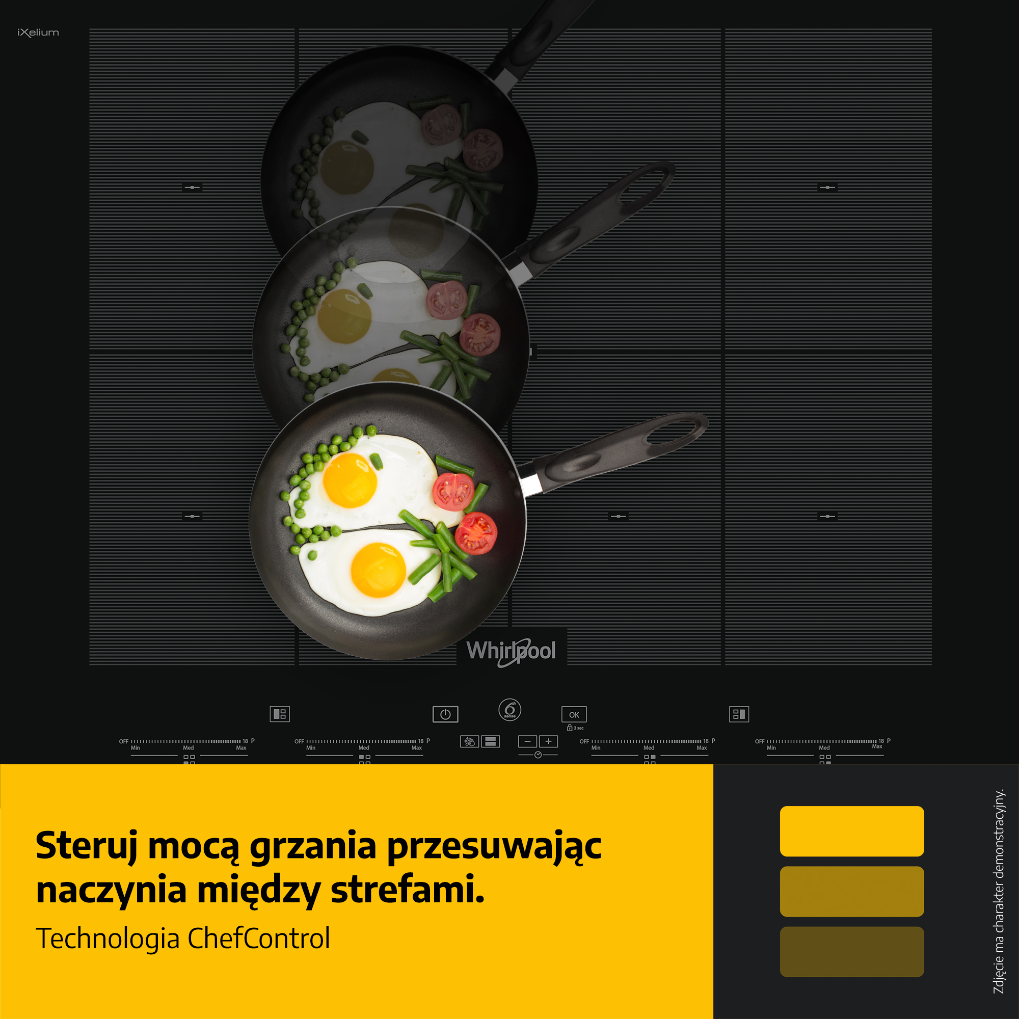 Czarna płyta grzejna z patelniami z jajecznicą, pomidorami i groszkiem. Żółty pasek z tekstem na dole.