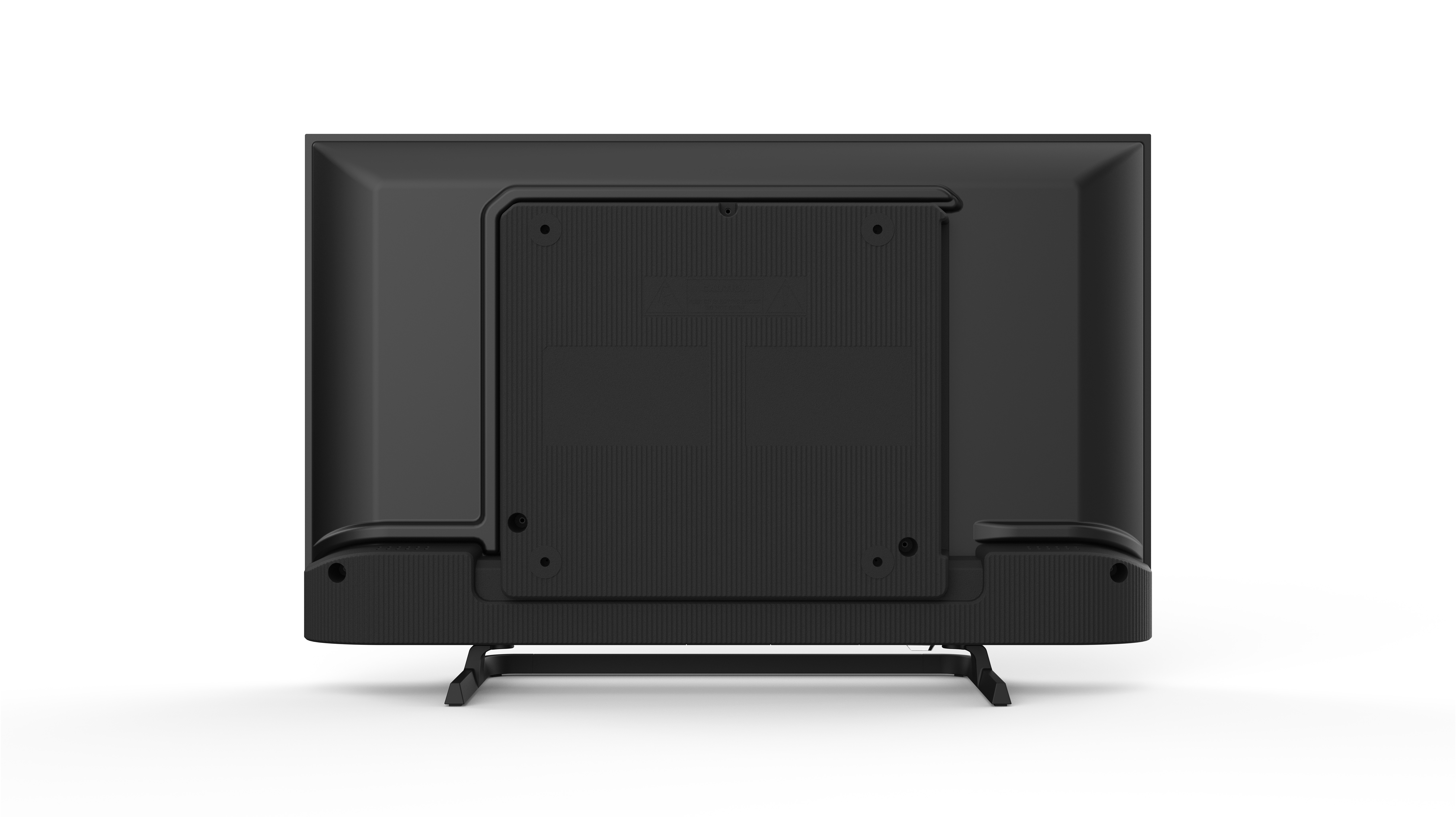 Tył czarnego telewizora na białym tle. Telewizor ma podstawę i różne porty oraz punkty montażowe.