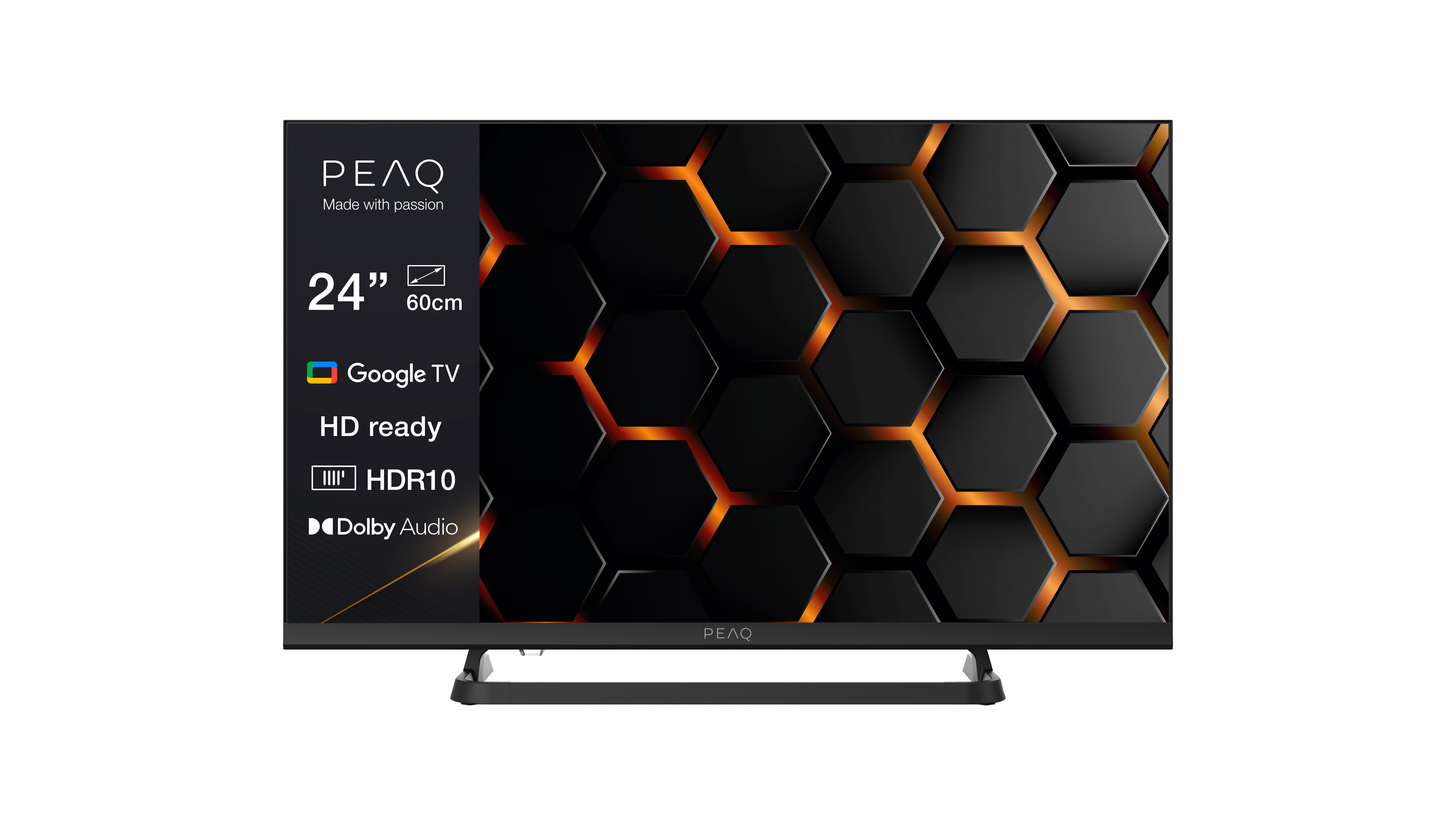 24-calowy telewizor PEAQ, czarna ramka, czarne tło w kształcie plastra miodu z pomarańczową poświatą, Google TV, HD ready, HDR10, Dolby Audio.