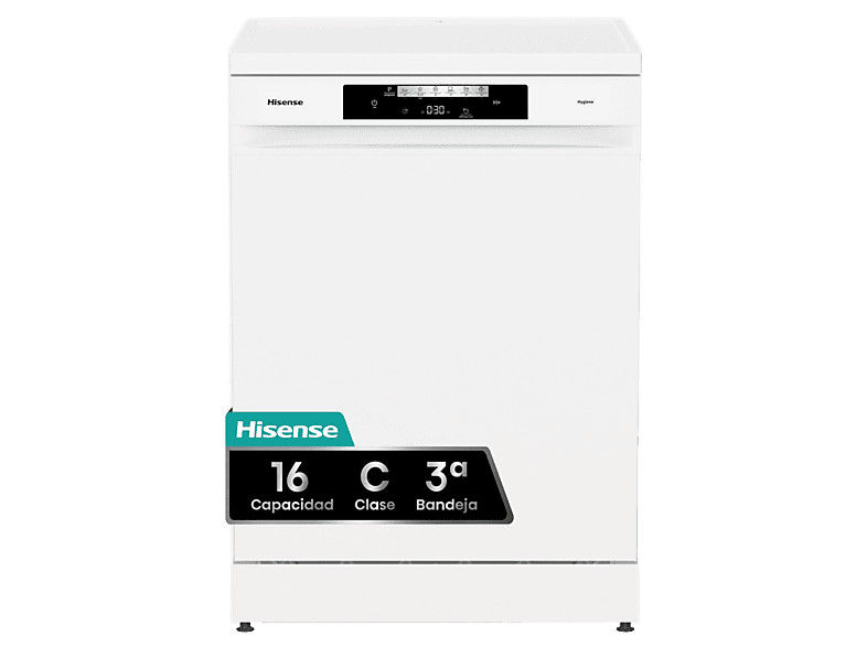 Lavavajillas - Hisense HS643C90W, 16 servicios, 6 programas, 59.9 cm, Tercera bandeja, Apertura automática, Blanco