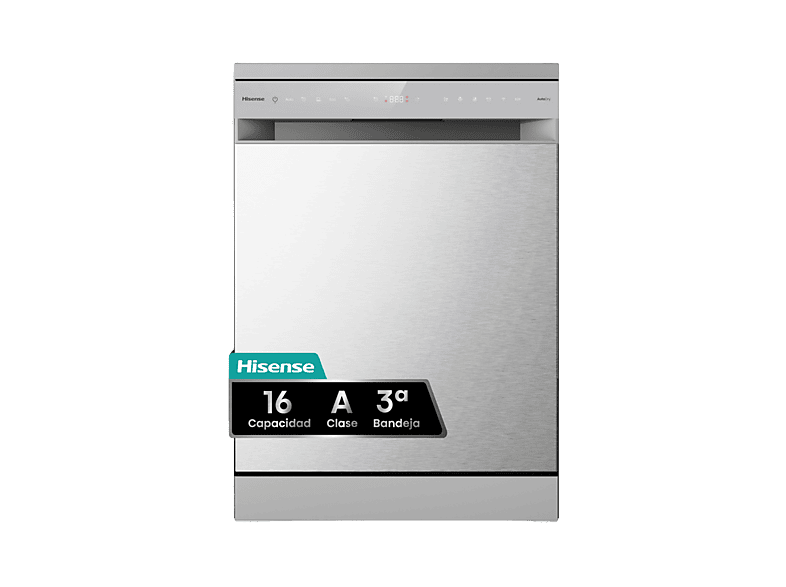 Lavavajillas - Hisense HS673A90X, 16 servicios, 7 programas, 59.9 cm, Conectividad Wi Fi, Tercera bandeja, Inox