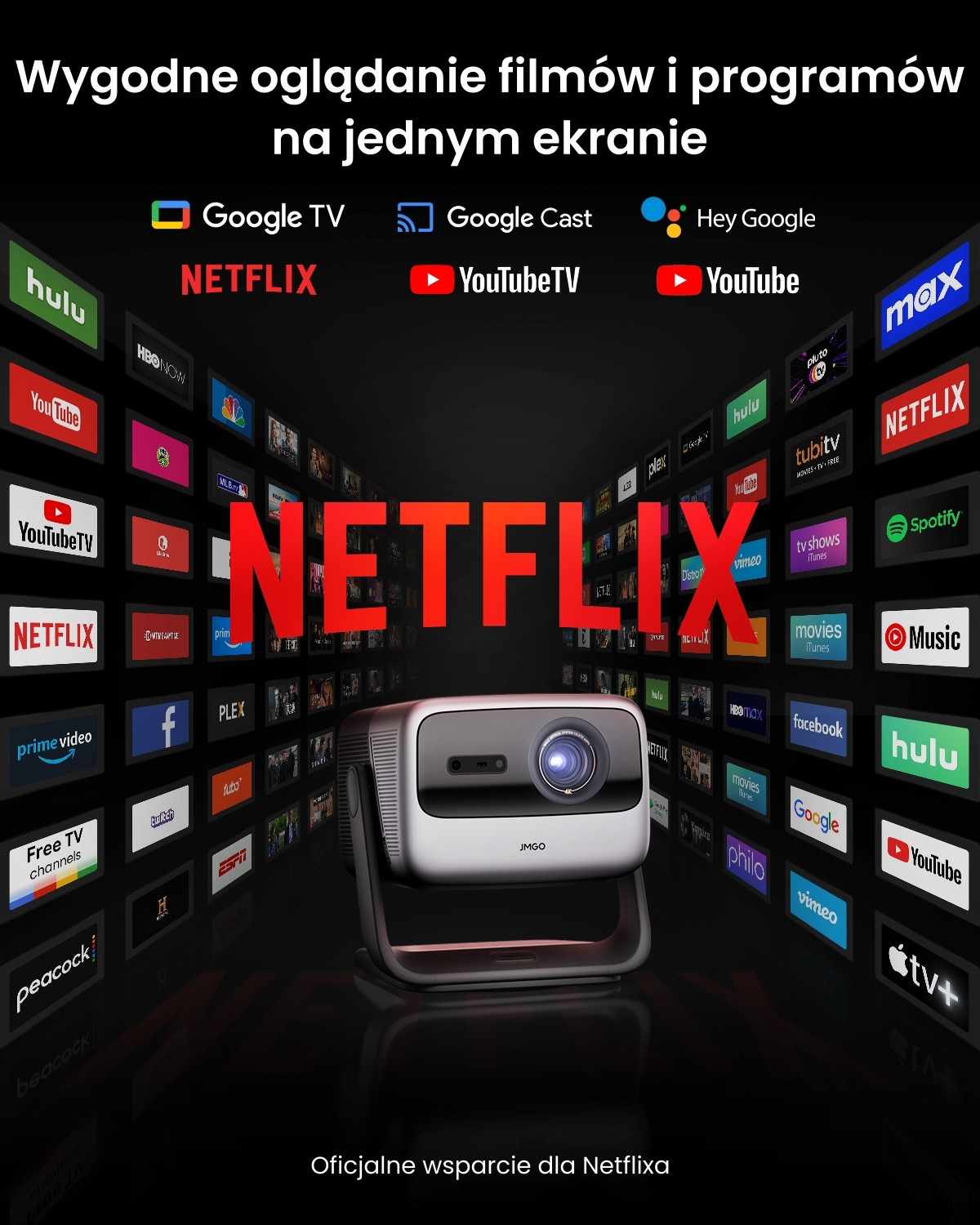Projektor wyświetla usługi strumieniowe. Netflix jest widoczny. Inne aplikacje i usługi są wyświetlane wokół. Tło jest ciemne.