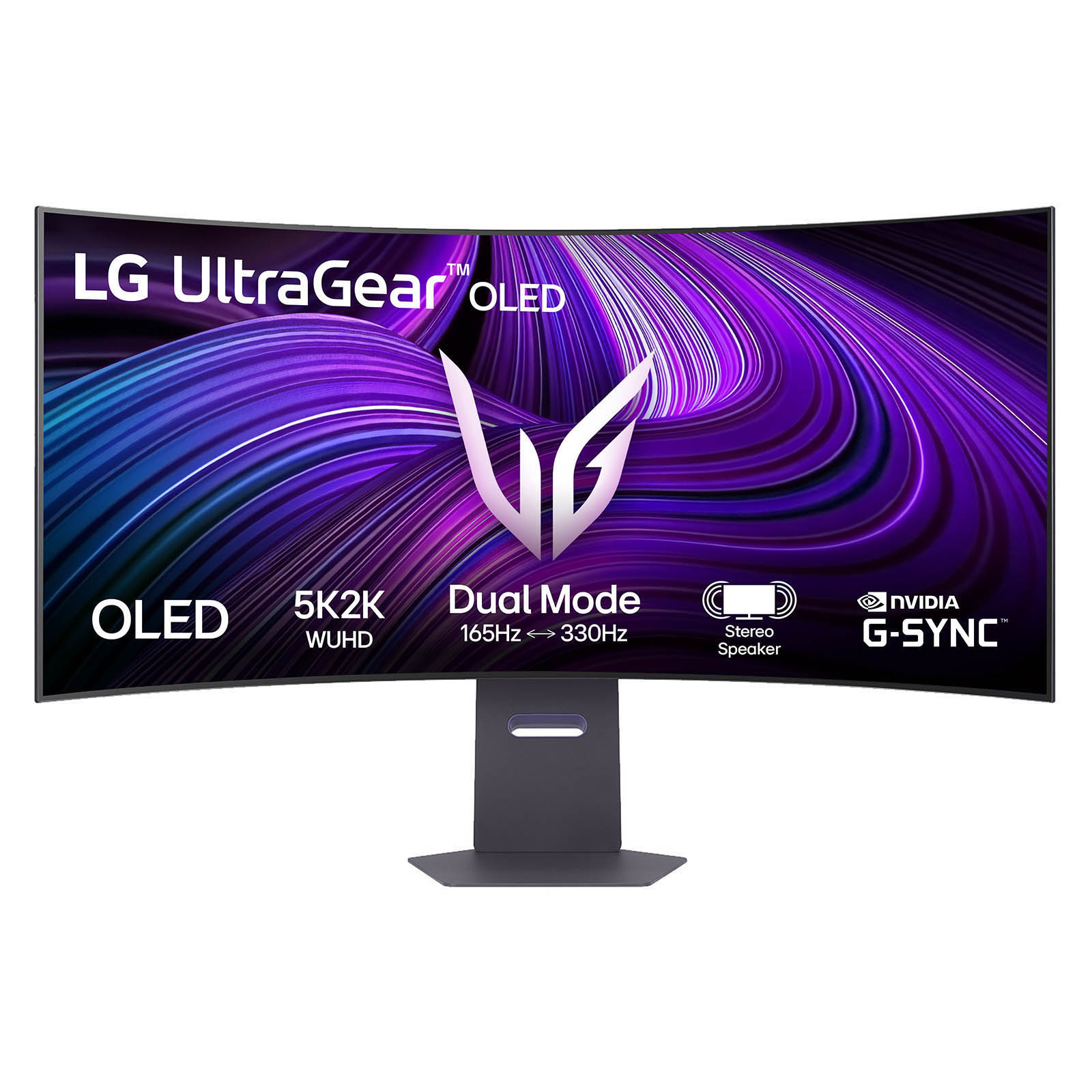 Zakrzywiony monitor LG UltraGear OLED. Posiada 5K2K, tryb dual i NVIDIA G-SYNC. Tło ma fioletowe i białe wiry.