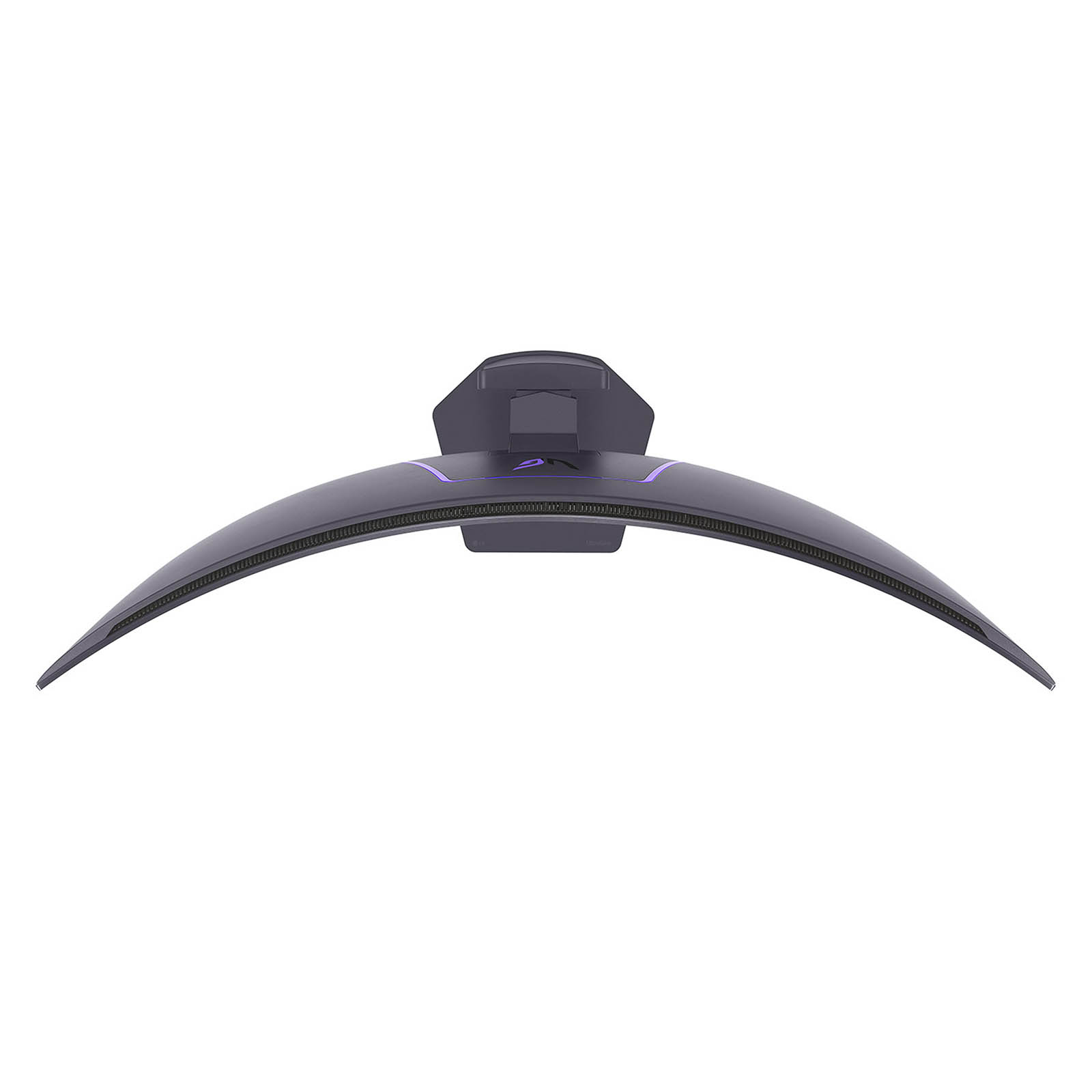 Zakrzywiony, ciemny monitor na białym tle. Posiada centralną podstawę i fioletowe oświetlenie akcentujące.