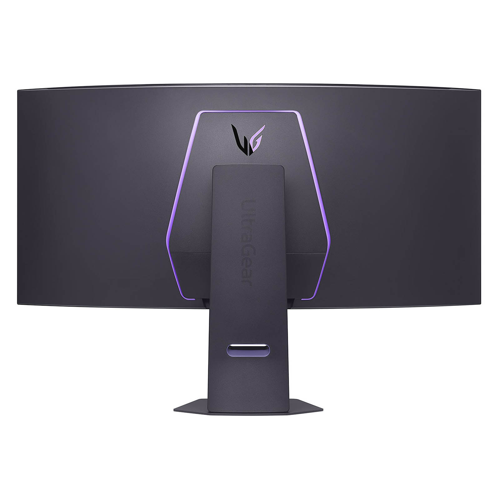 Widok z tyłu zakrzywionego monitora. Ma ciemnoszary korpus z fioletowymi akcentami i podstawą.