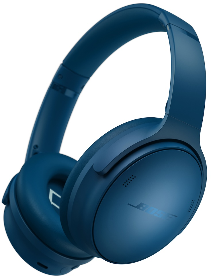 Casque Bose bleu, vue en angle. Les écouteurs et le bandeau sont visibles. Le logo Bose est sur l'écouteur. Fond blanc.