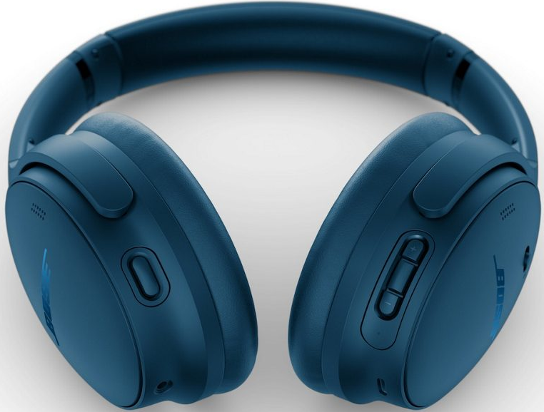 Une paire d'écouteurs Bose bleus. Les écouteurs sont centrés et isolés sur un fond blanc, montrant les détails de la conception.