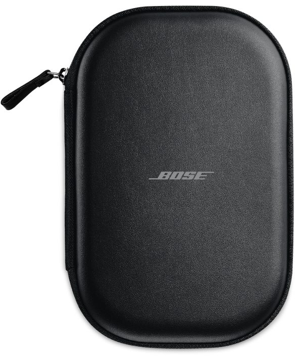 Un étui Bose noir, de forme ovale, avec une fermeture éclair et le logo Bose. L'étui est fermé.