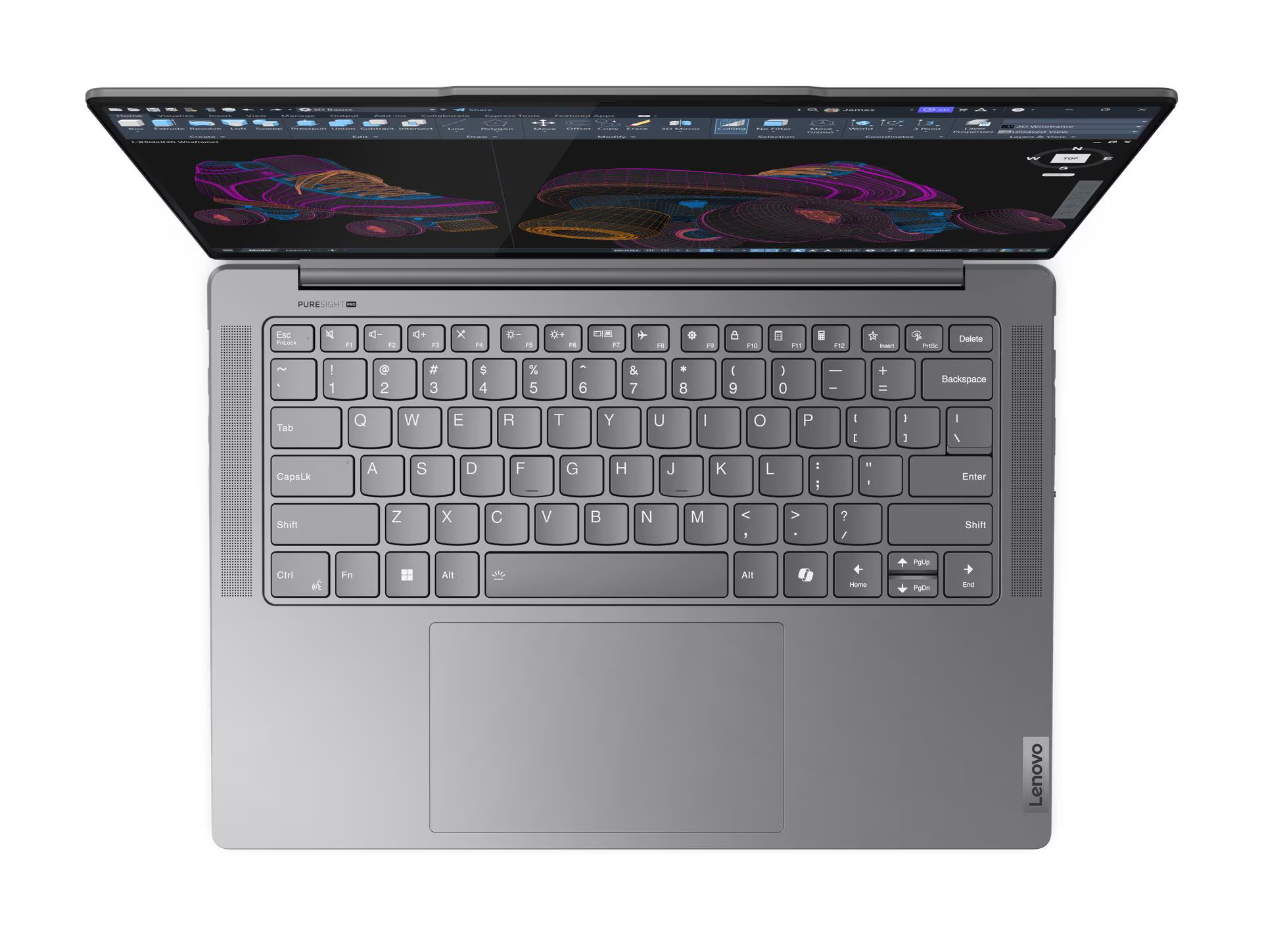 Widok z góry szarego laptopa Lenovo. Ekran jest otwarty, wyświetla projekt 3D. Klawiatura i touchpad są widoczne.