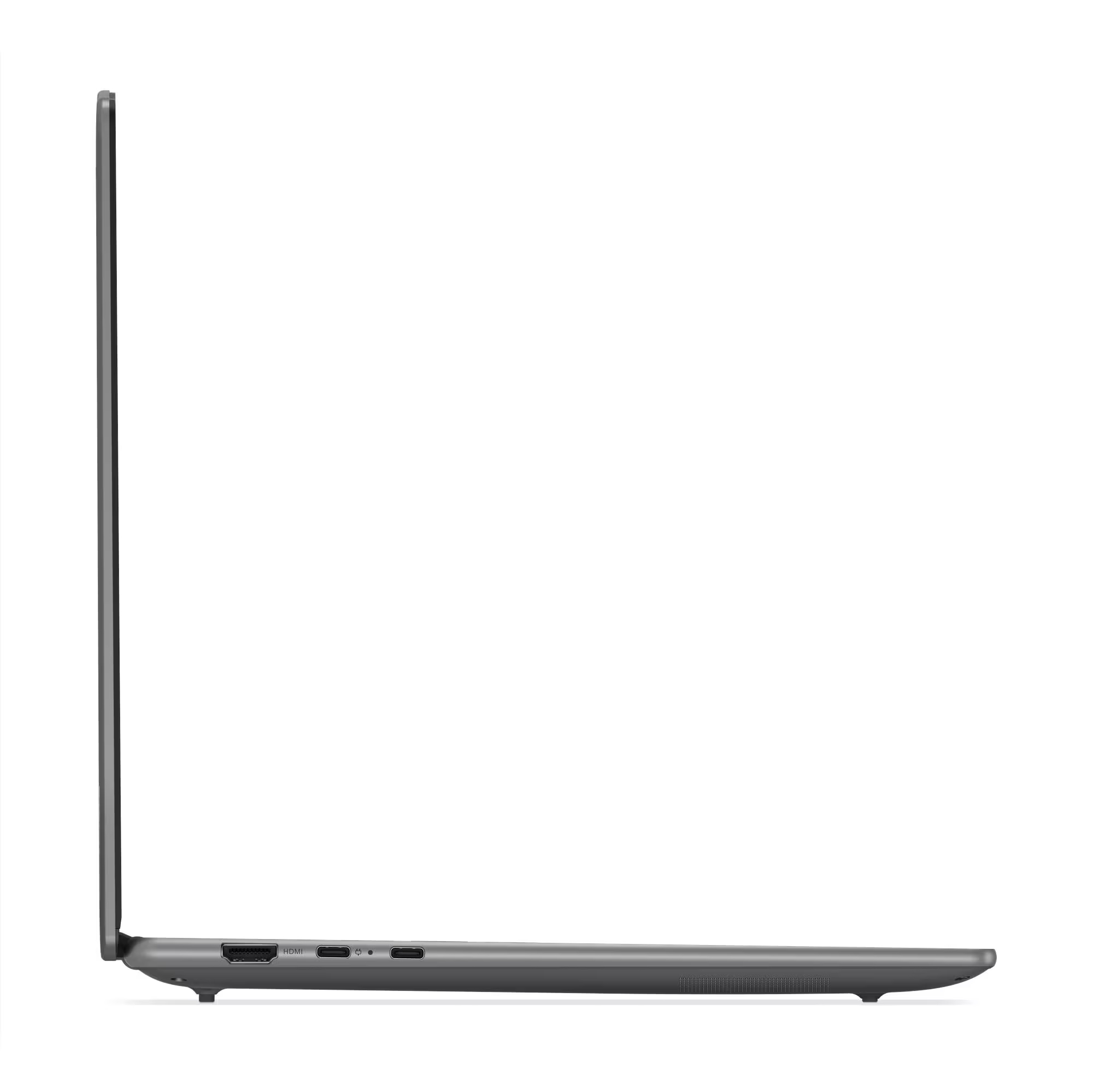 Widok z boku szarego laptopa na białym tle. Porty widoczne z boku. Ekran jest bardzo cienki.