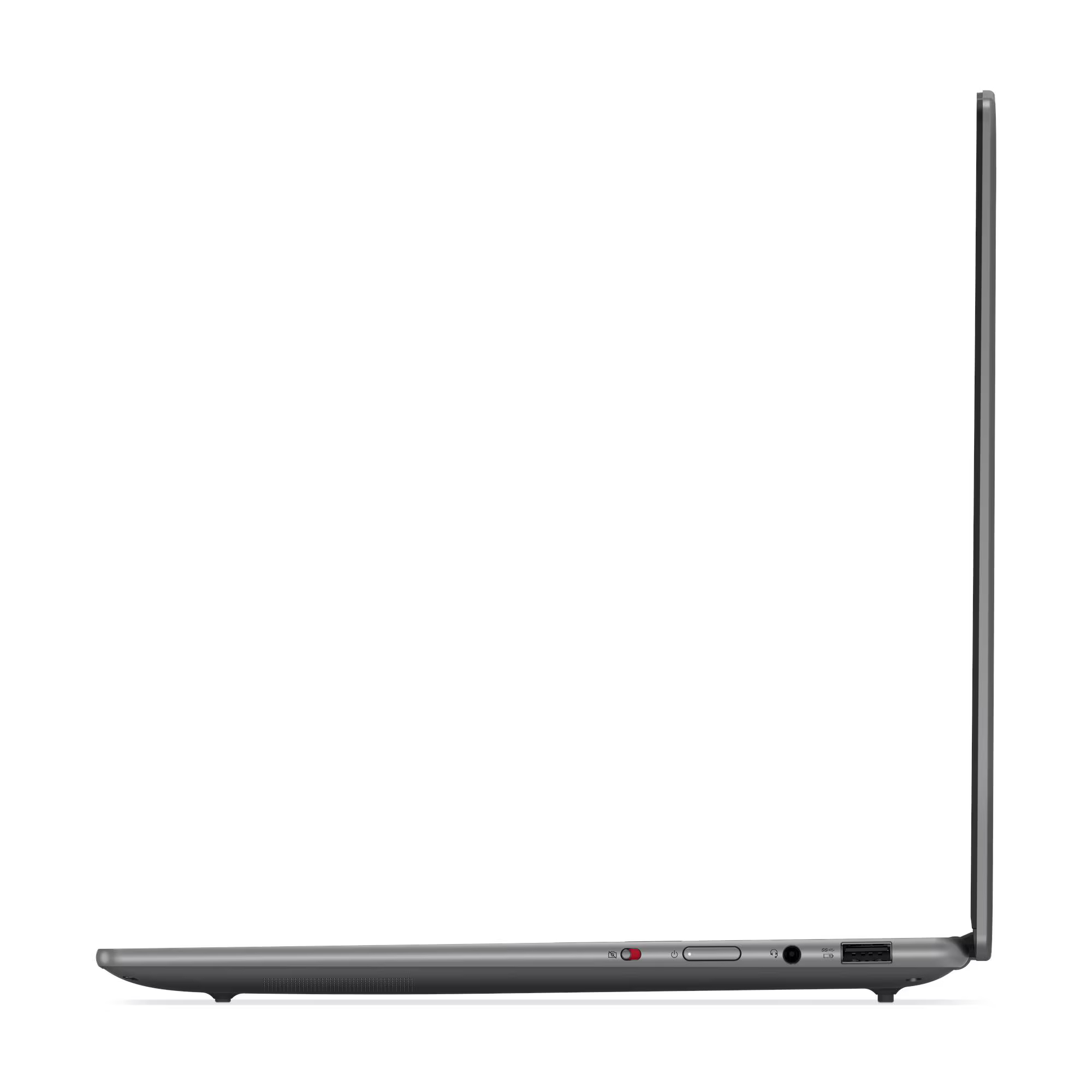 Widok z boku szarego laptopa. Porty i przyciski są widoczne z boku. Ekran jest zamknięty.