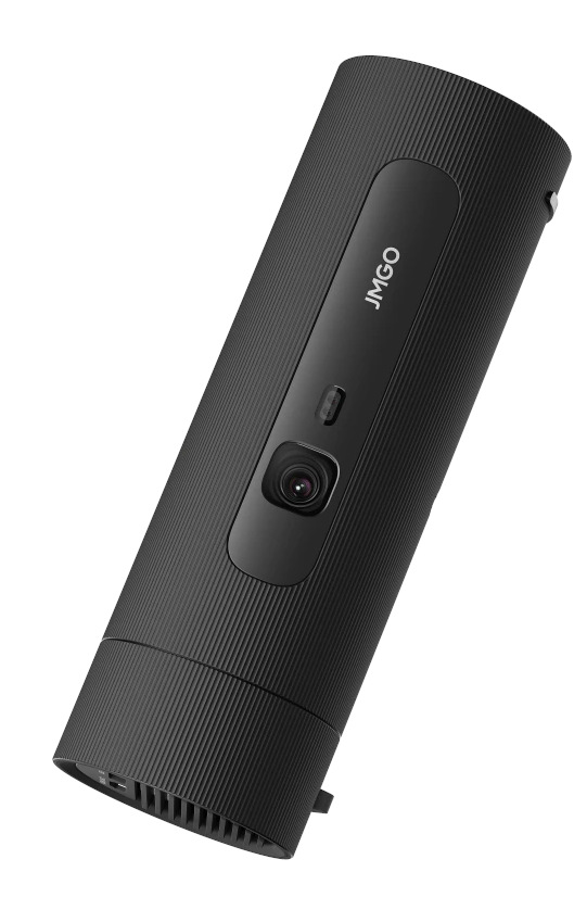 Czarne, cylindryczne urządzenie marki JMGO. Posiada obiektyw i prążkowaną teksturę. Tło jest białe.