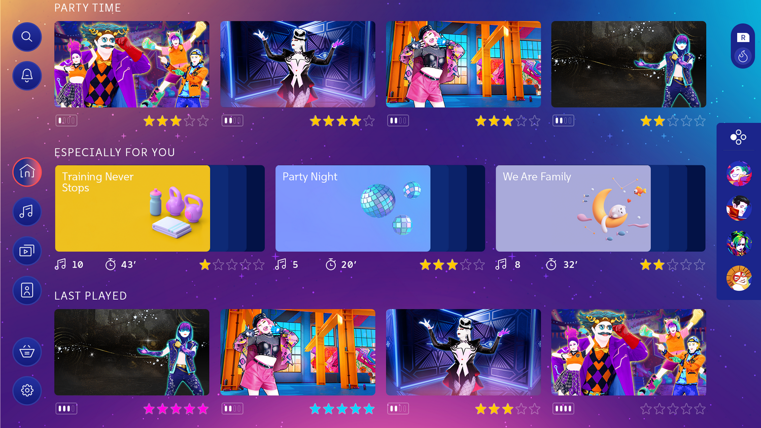 Un menú de videojuego con mosaicos coloridos. Cada mosaico muestra una escena de baile con bailarines, estrellas y texto. Las opciones incluyen Party Time y Training.