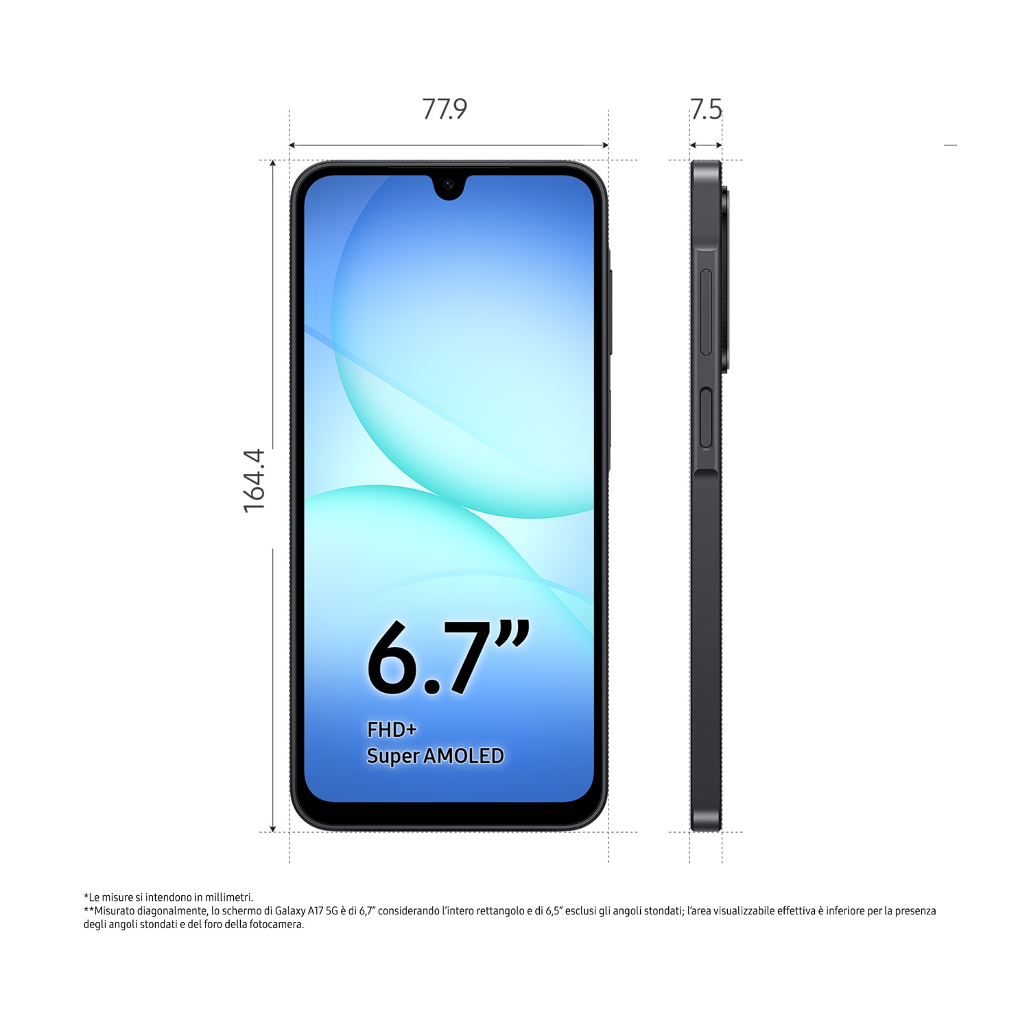 Uno smartphone nero mostra una grafica blu e bianca. Le dimensioni sono: 164,4 mm altezza, 77,9 mm larghezza, 7,5 mm spessore e schermo da 6,7".