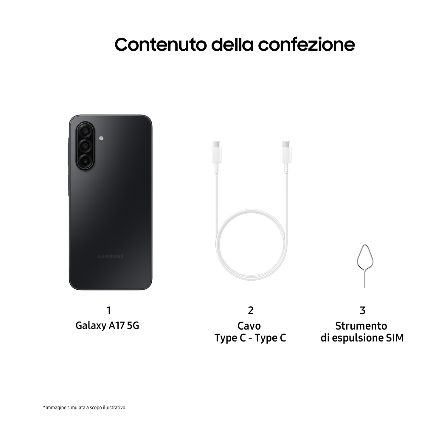 L'immagine mostra il contenuto di una scatola del telefono: un telefono nero, un cavo USB-C e uno strumento di espulsione SIM. Il telefono è etichettato Galaxy A17 5G.