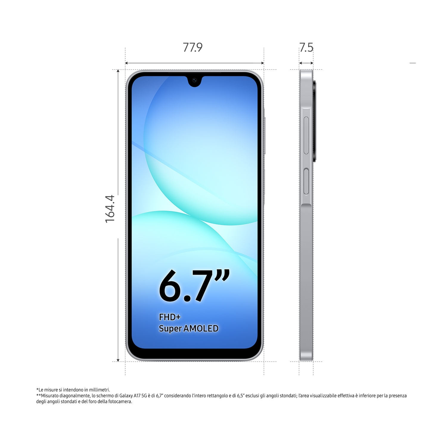 Smartphone con schermo da 6.7", che mostra dimensioni e caratteristiche. La vista laterale mostra lo spessore. Testo: FHD+, Super AMOLED.