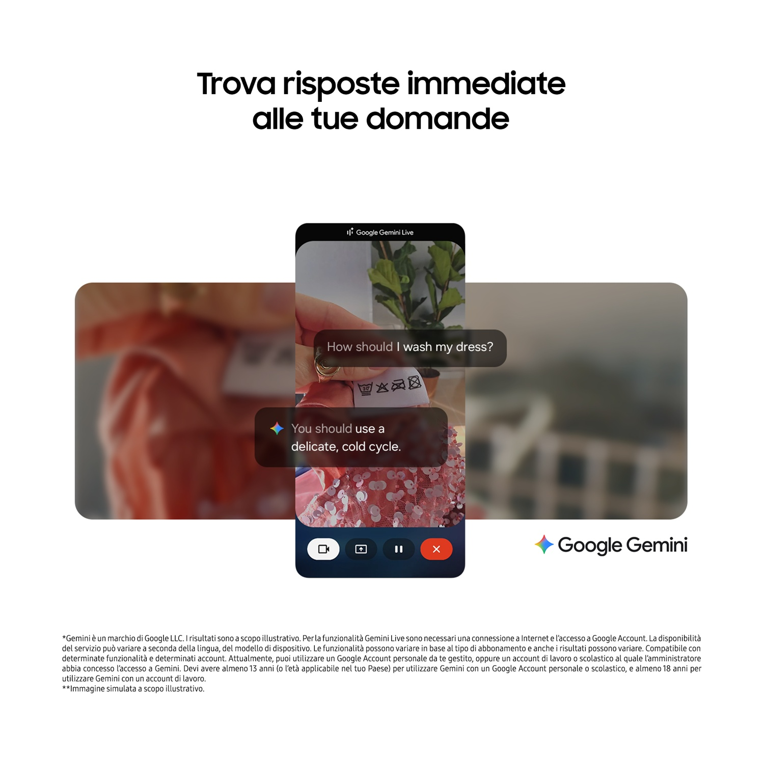 Uno schermo del telefono mostra una domanda sulla cura dei vestiti e la risposta. Il logo di Google Gemini è visibile.