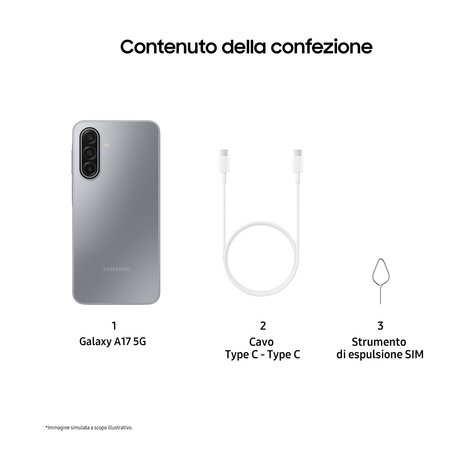 L'immagine mostra telefono, cavo ed espulsore SIM. Il telefono è argento, il cavo bianco e l'espulsore argento.