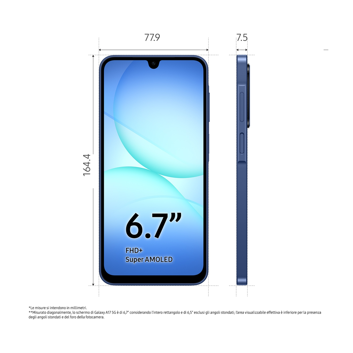 Uno smartphone blu mostra le dimensioni: 77.9mm larghezza, 164.4mm altezza, 7.5mm spessore. Lo schermo mostra '6.7" FHD+ Super AMOLED'.