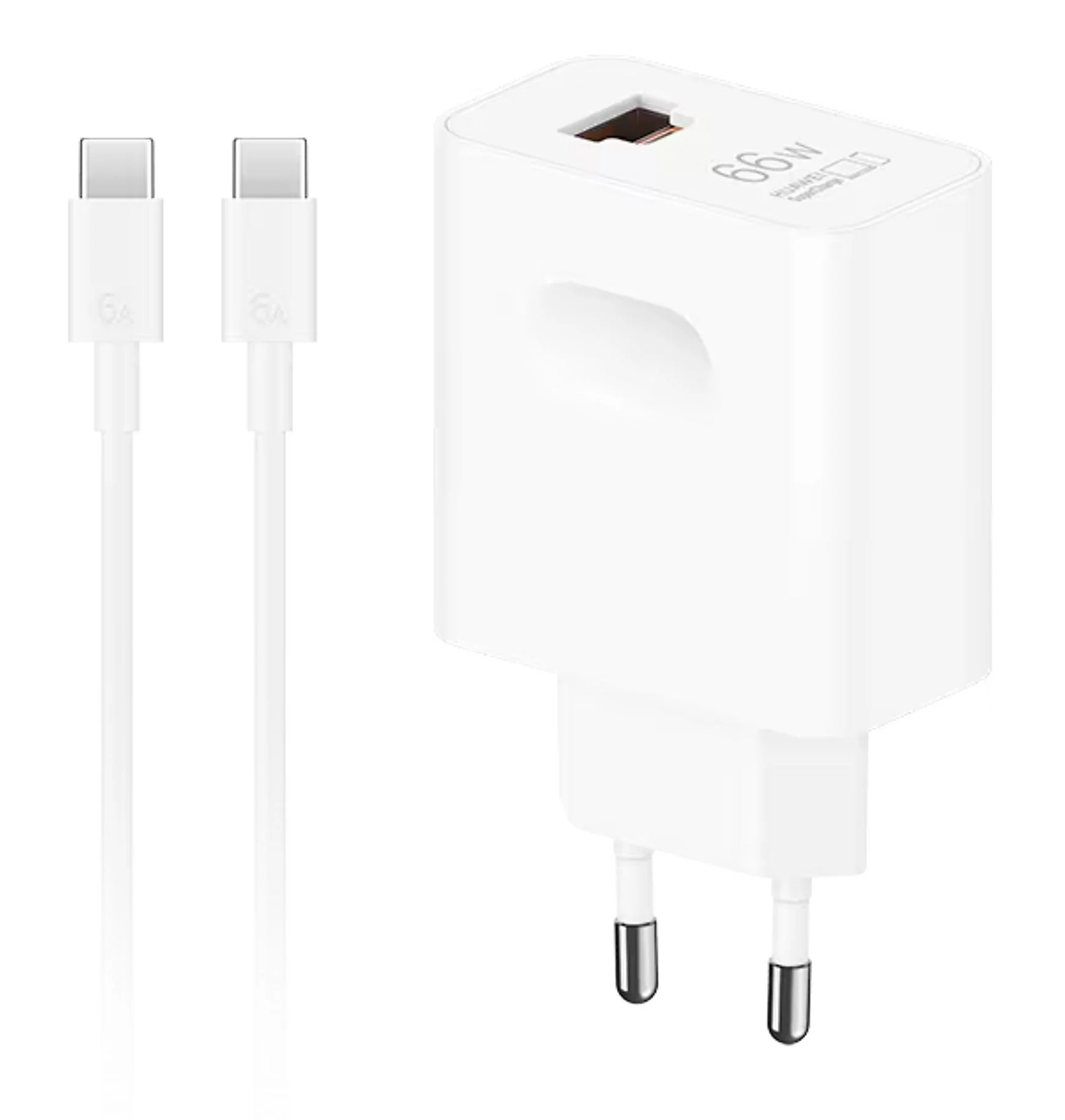 Biała ładowarka Huawei i dwa białe kable USB-C. Ładowarka ma etykietę 66W. Tło jest jednolicie białe.