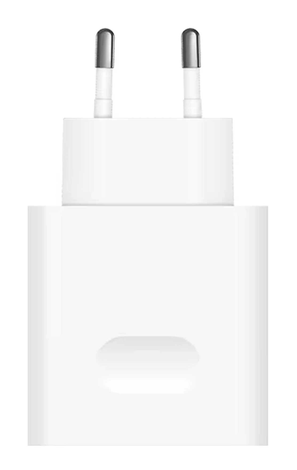 Biała ładowarka do telefonu z dwoma srebrnymi bolcami i wpuszczonym owalem z przodu.