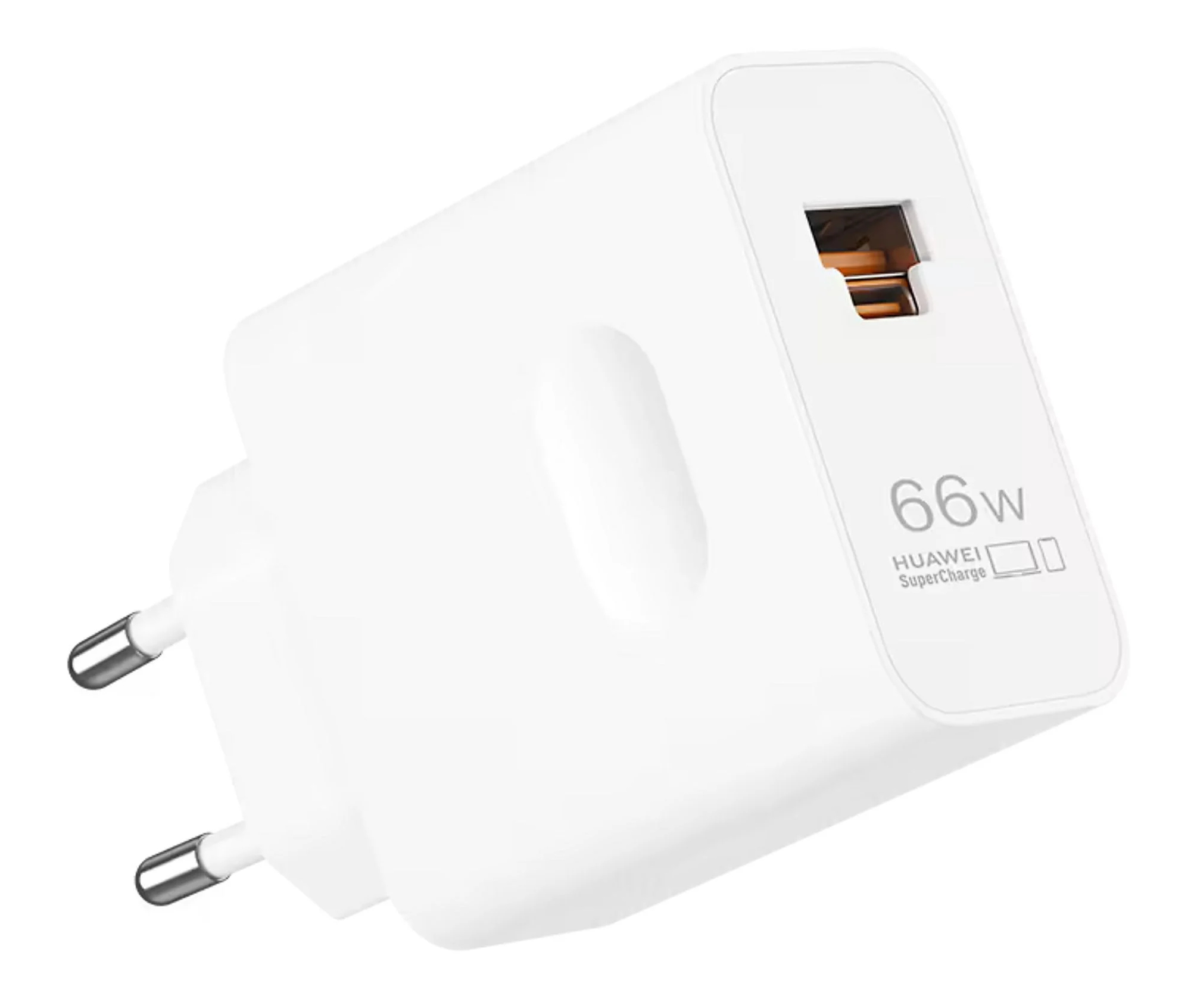 Biała ładowarka Huawei 66W SuperCharge z wtyczką dwupinową. Posiada port USB-C.