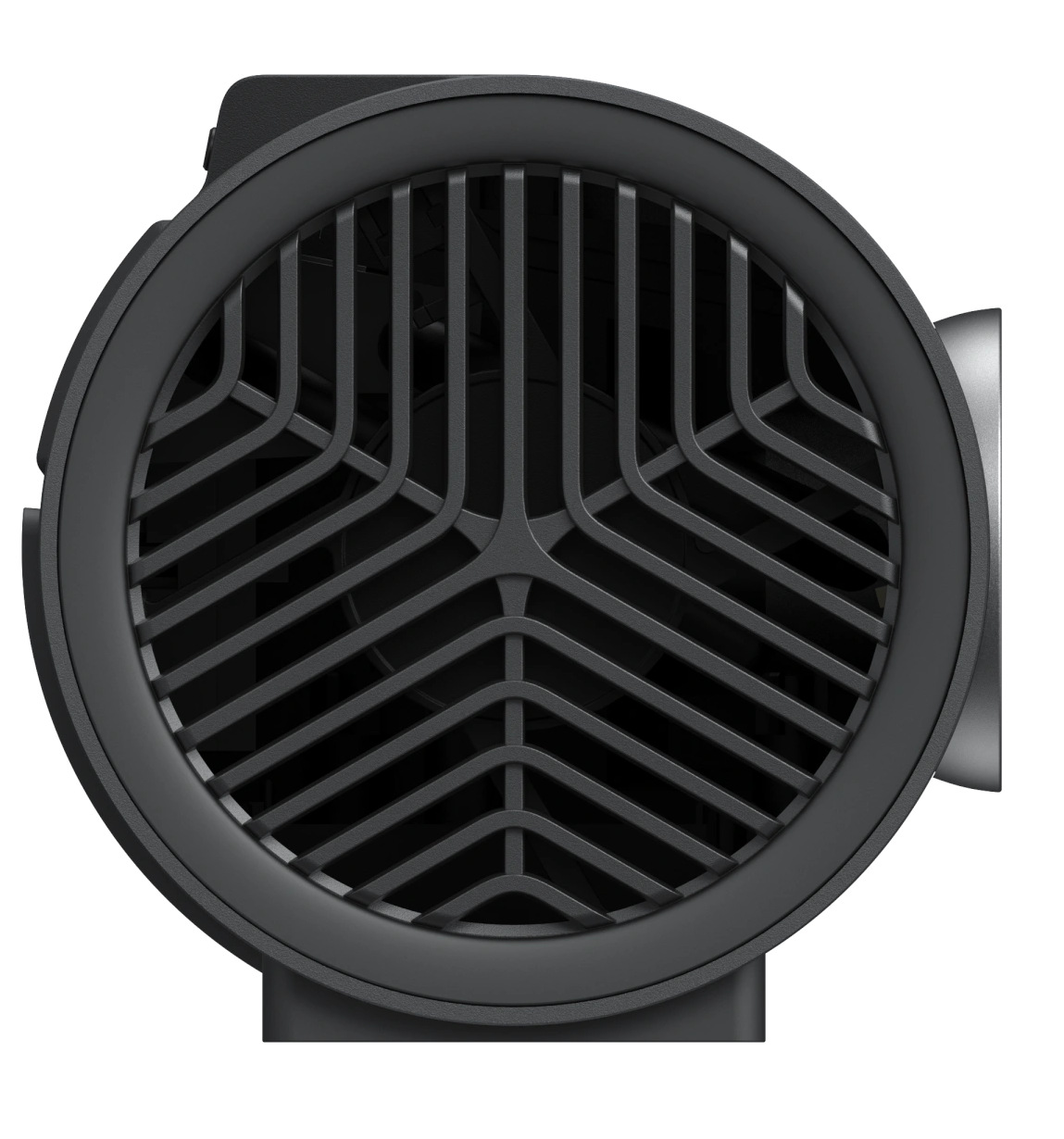 Zbliżenie czarnego wentylatora. Wentylator ma okrągłą klatkę z geometrycznym wzorem. Tło jest białe.