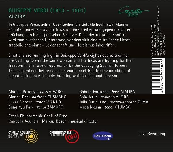 CD-Cover mit Text: Giuseppe Verdi, Alzira. Enthält Namen und Logos der Oper und einen Barcode.