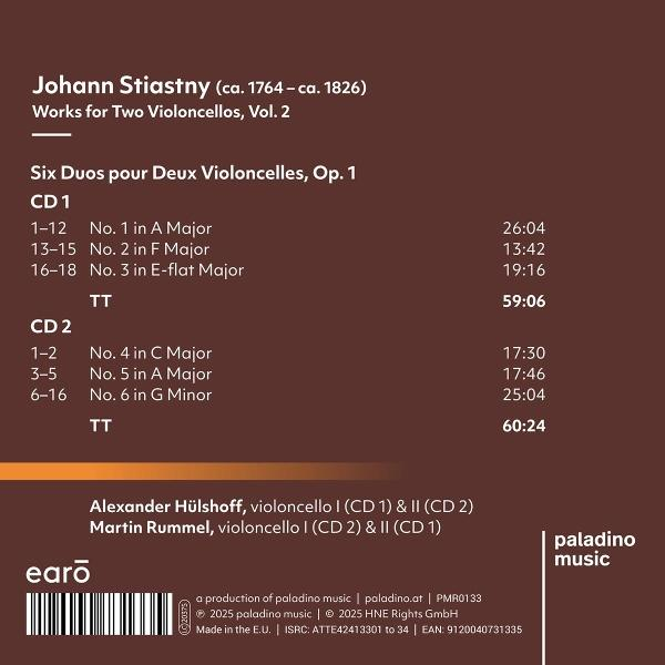 Albumcover mit Text: Johann Stiastny, Werke für zwei Celli. Listet Tracks, Zeiten und Credits für Musiker.