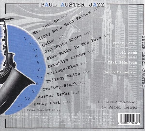 CD-Cover mit Jazz-Album-Details. Blaues und graues Design mit Saxophon, Skyline und Songtiteln.