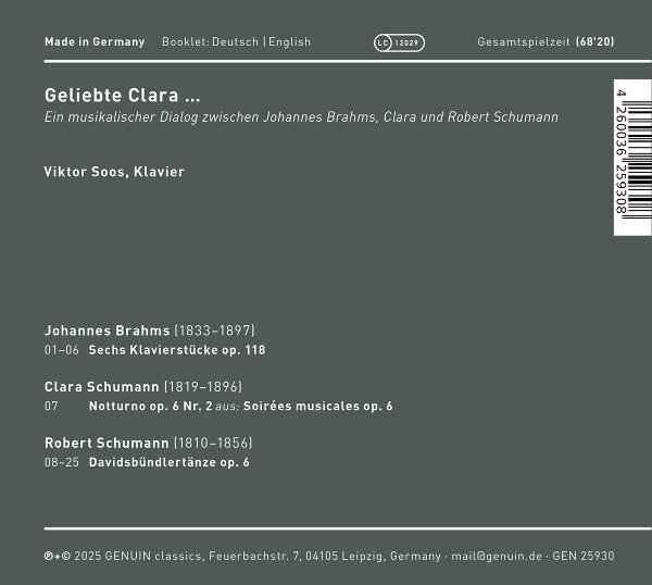 CD-Cover mit Text über 'Geliebte Clara'. Erwähnt Brahms, Schumann und Viktor Soos. Grauer Hintergrund mit Spieldetails und Copyright.