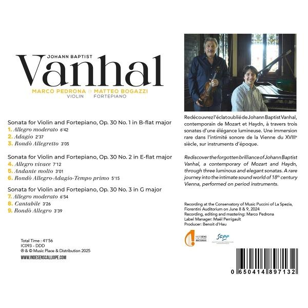 Albumcover für Johann Baptist Vanhal. Enthält Text, eine Violine und ein Klavier. Zwei Männer sind abgebildet.