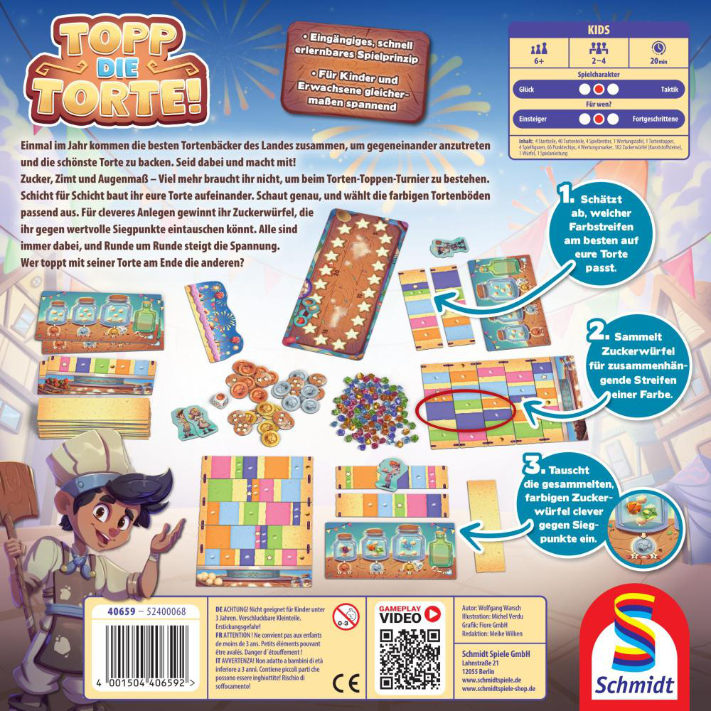 Brettspielbox mit dem Spieltitel 'Topp Die Torte!' Buntes Design mit Spielkomponenten und Anweisungen.