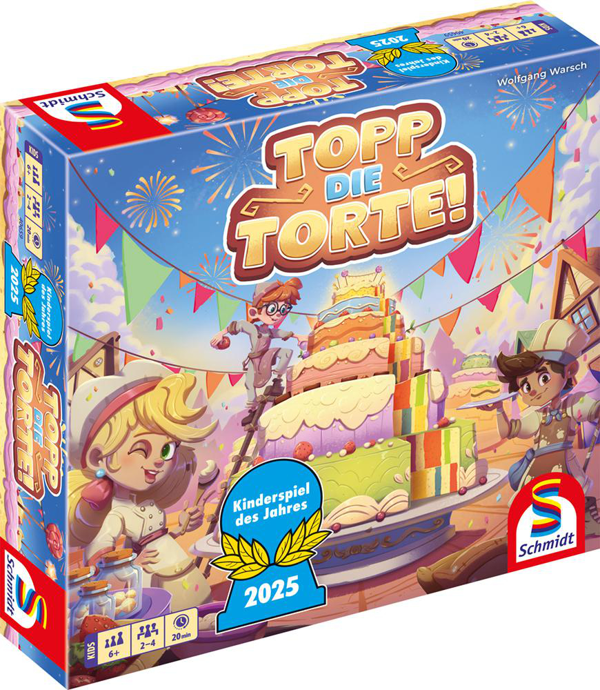 Box-Art eines Spiels namens 'TOPP DIE TORTE!'. Es zeigt Köche, einen großen Kuchen und festliche Dekorationen. Das Spiel ist für Kinder.