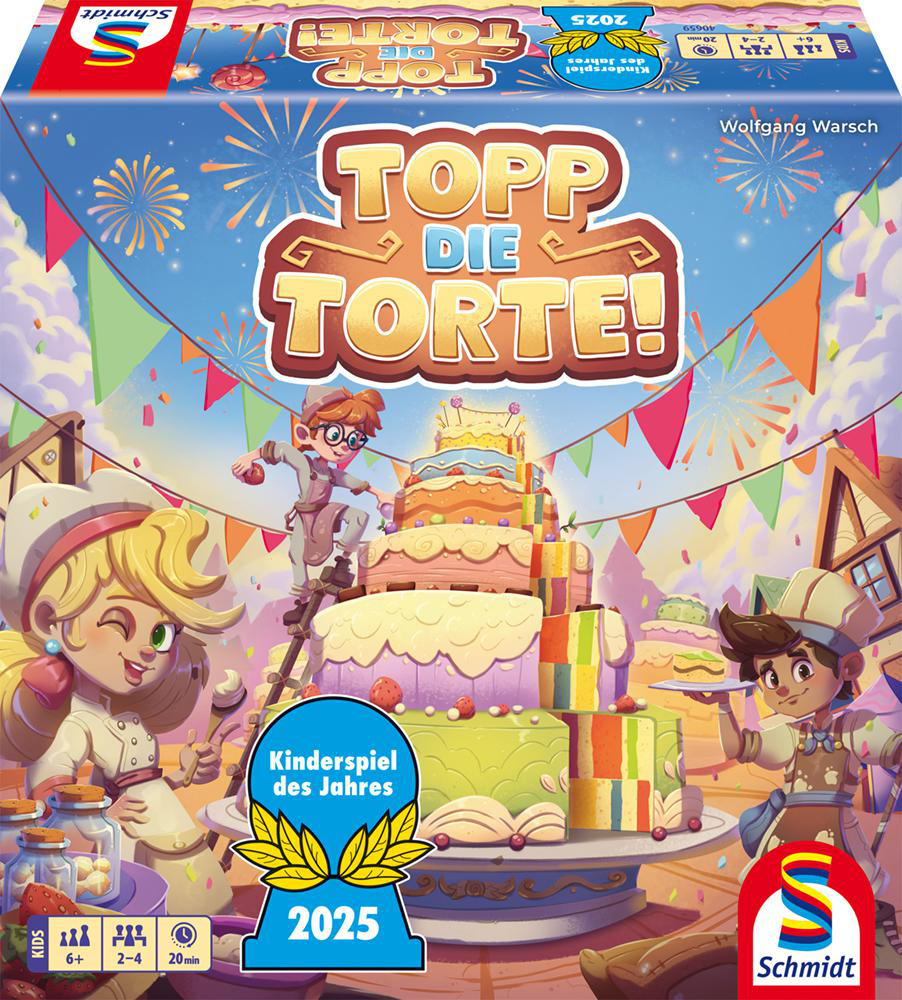 Brettspiel-Box-Art. Cartoon-Köche bauen einen Kuchen, mit dem Titel "Topp Die Torte!" und der Auszeichnung "Kinderspiel des Jahres 2025".