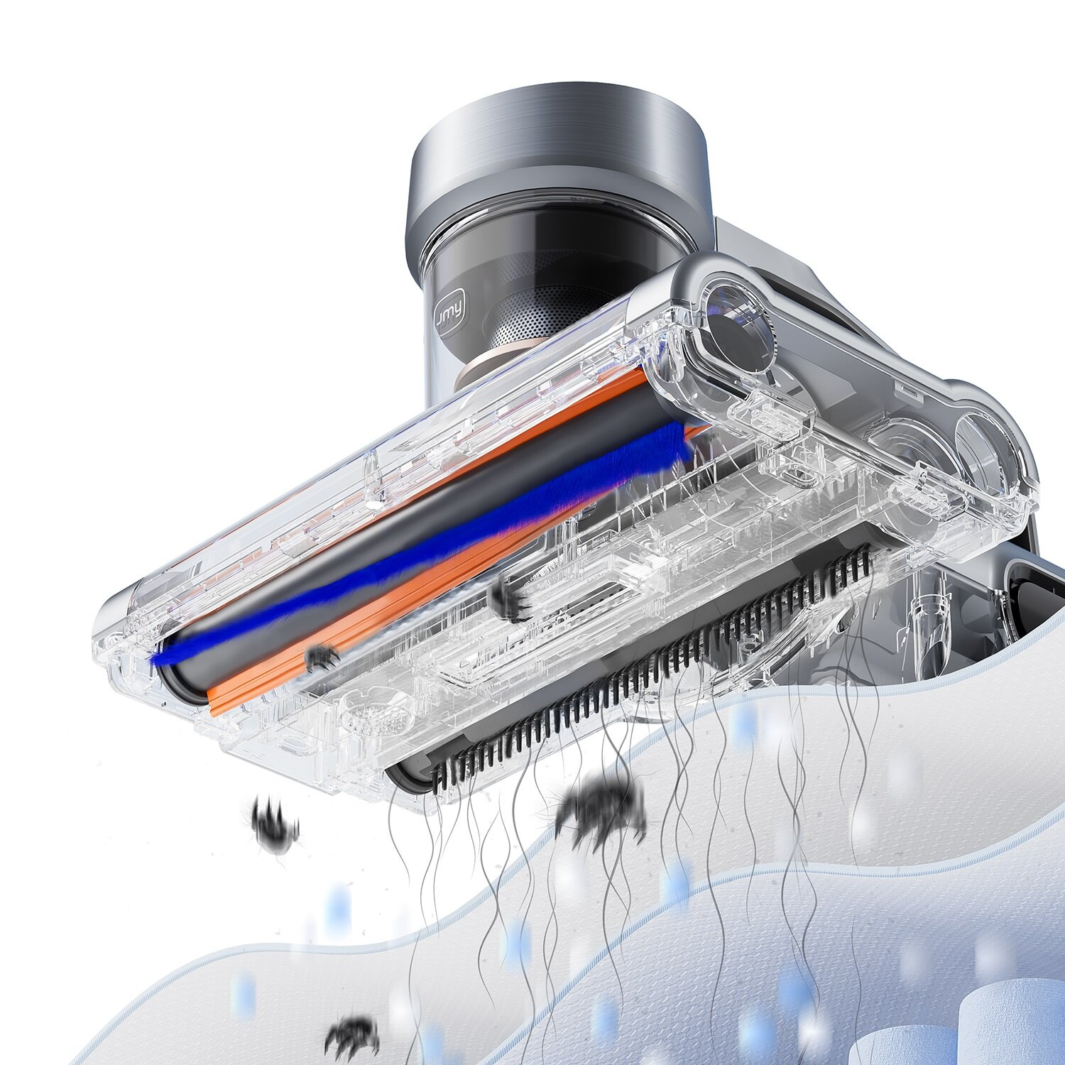 Przezroczysta głowica odkurzacza, pokazująca wewnętrzne szczotki i wciągane zanieczyszczenia. Widoczne włosy i cząsteczki kurzu.