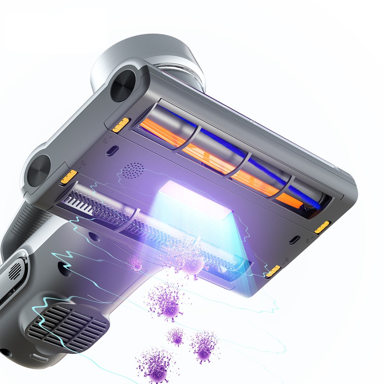 Widoczny jest szary i srebrny odkurzacz z pomarańczowymi rolkami i niebieskim światłem, otoczony fioletowymi cząsteczkami wirusa.