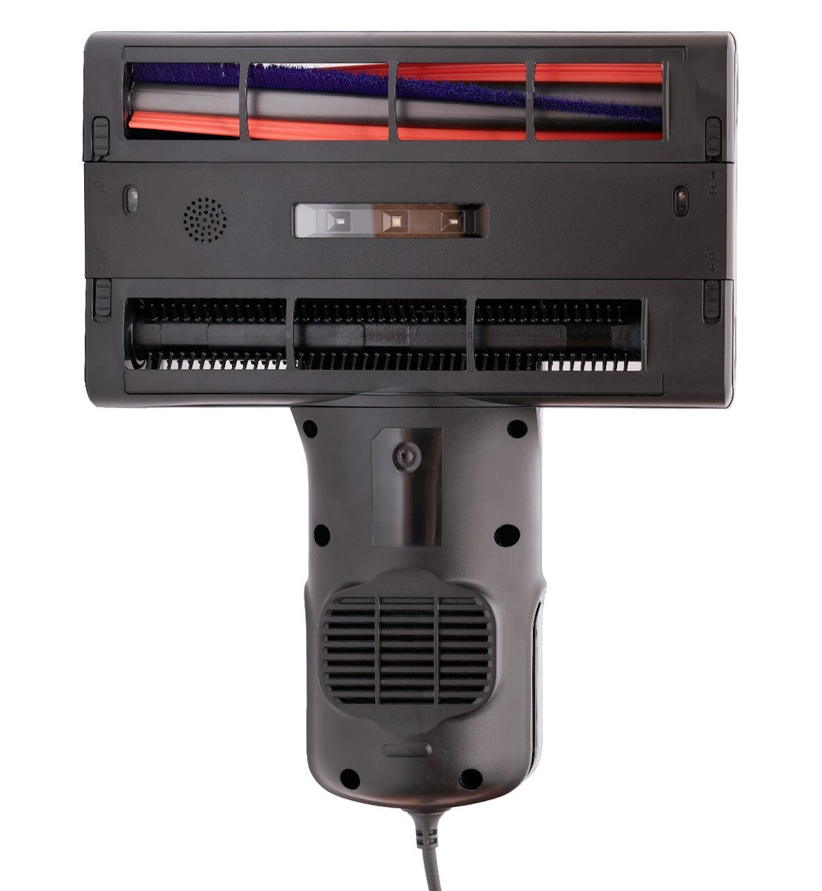 Czarna głowica odkurzacza ze szczotkami i uchwytem. Głowica ma otwory wentylacyjne i otwory. Kabel zasilający wychodzi z uchwytu.