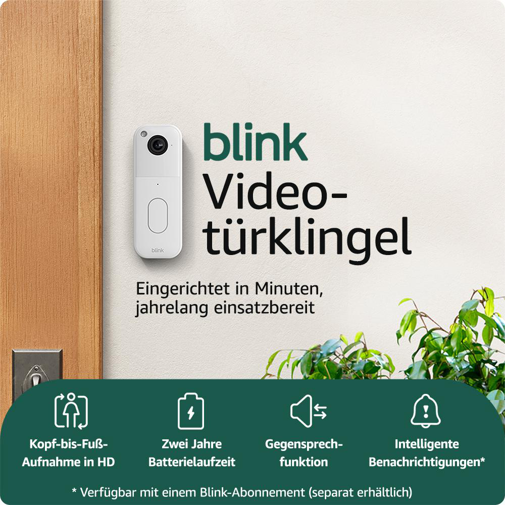 Weiße Blink Video-Türklingel an einer Wand. Merkmale: HD-Video, 2-Jahres-Batterie, 2-Wege-Audio, intelligente Benachrichtigungen.