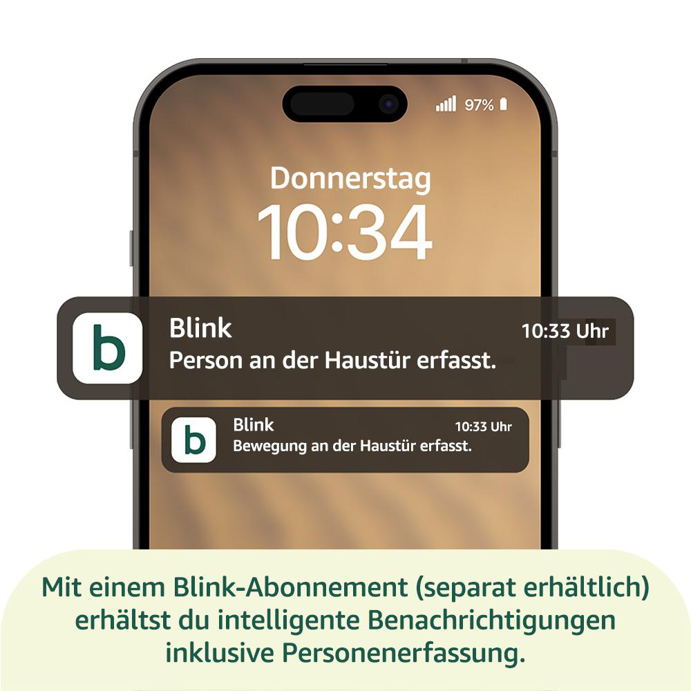 Ein Telefon zeigt den Sperrbildschirm mit Benachrichtigungen von Blink über erkannte Person und Bewegung an der Haustür.