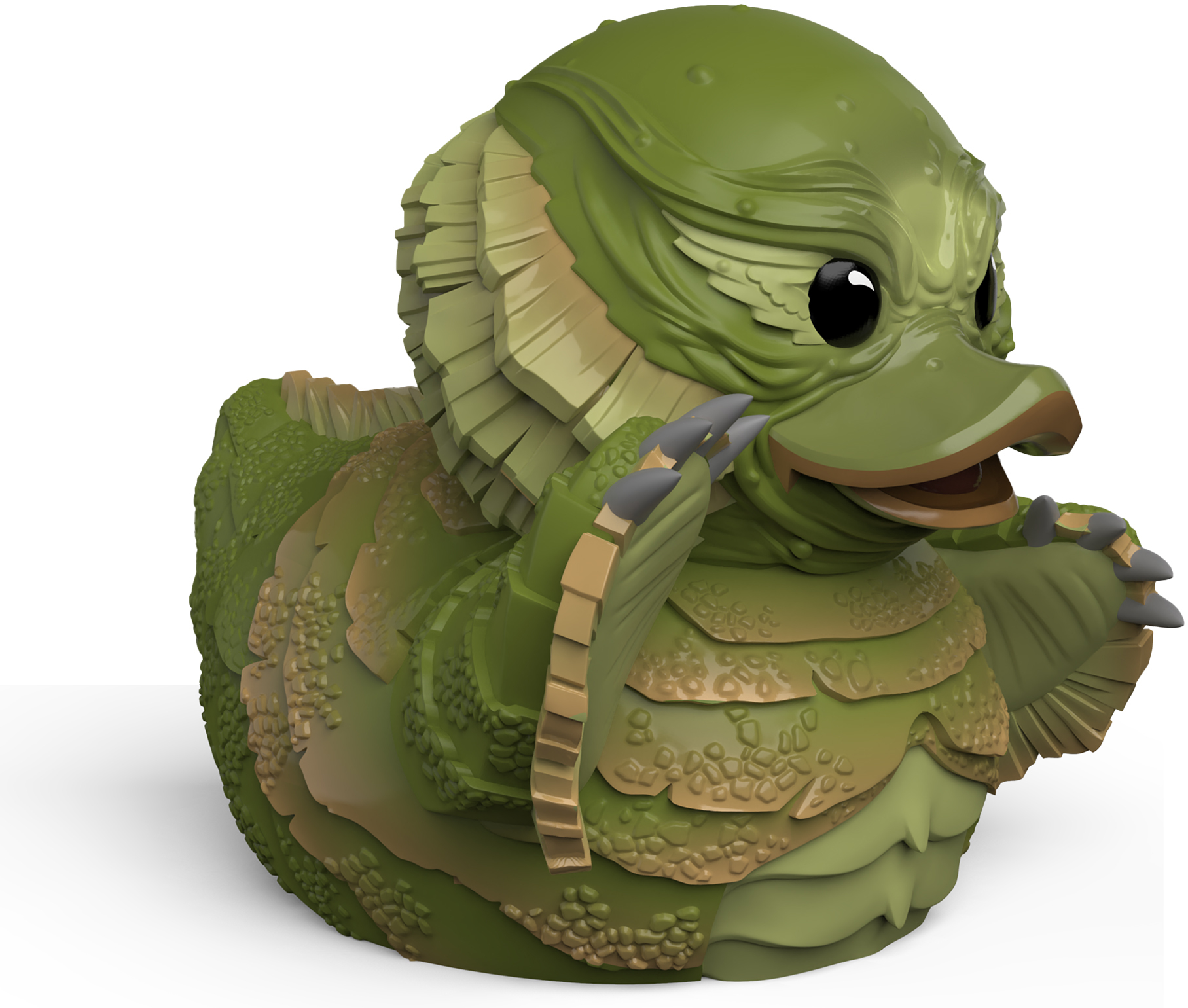 Egy zöld Creature from the Black Lagoon gumikacsa fekete szemekkel és karmokkal, fehér háttérrel.
