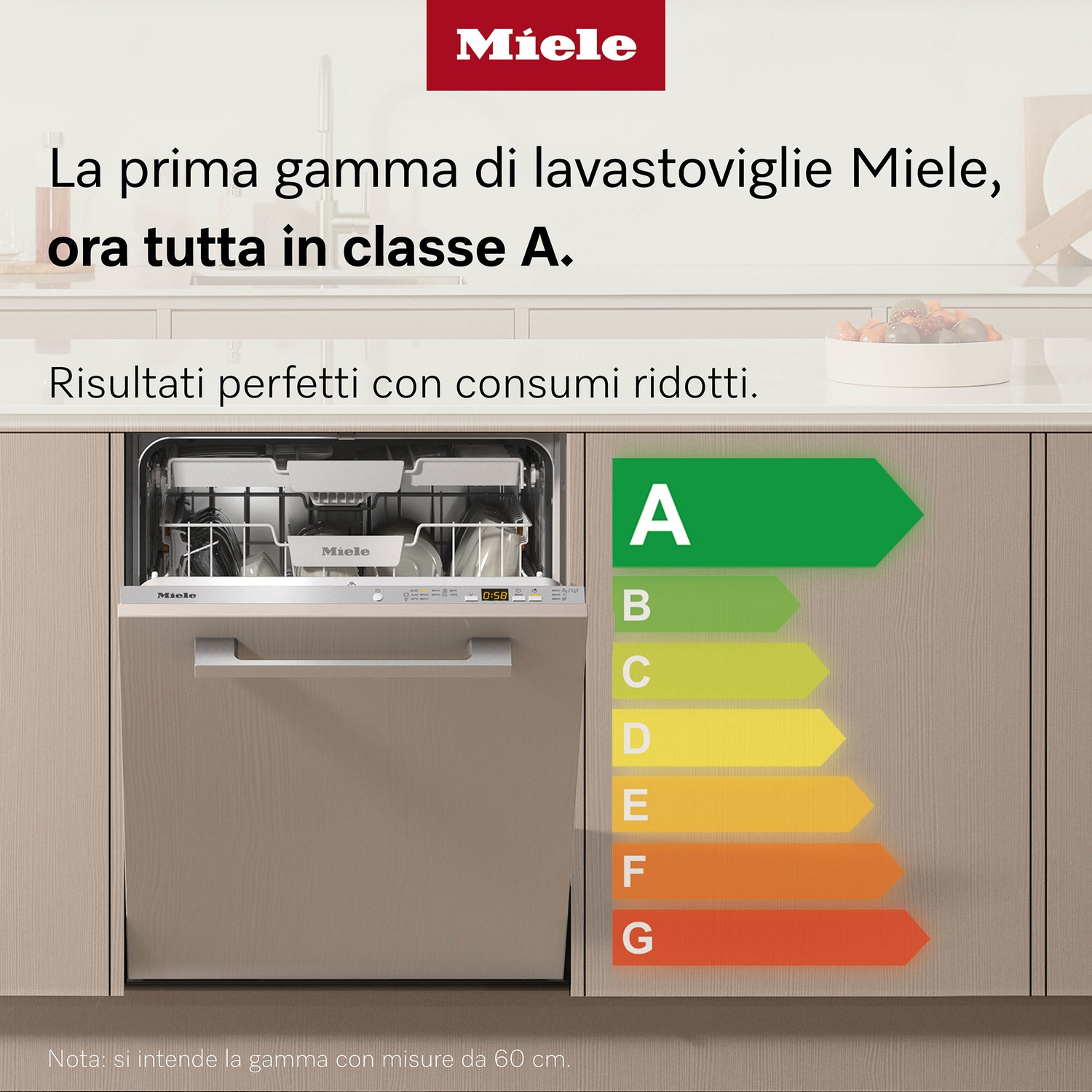 Annuncio del lavastoviglie Miele. Mostra una lavastoviglie con la porta aperta, l'etichetta di efficienza energetica e il testo sul prodotto.