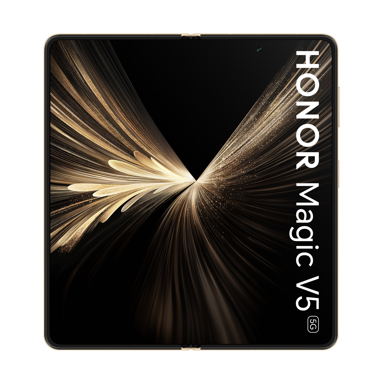 Telefono pieghevole Honor Magic V5. Schermo nero con striature dorate, cornice dorata e testo bianco a destra.
