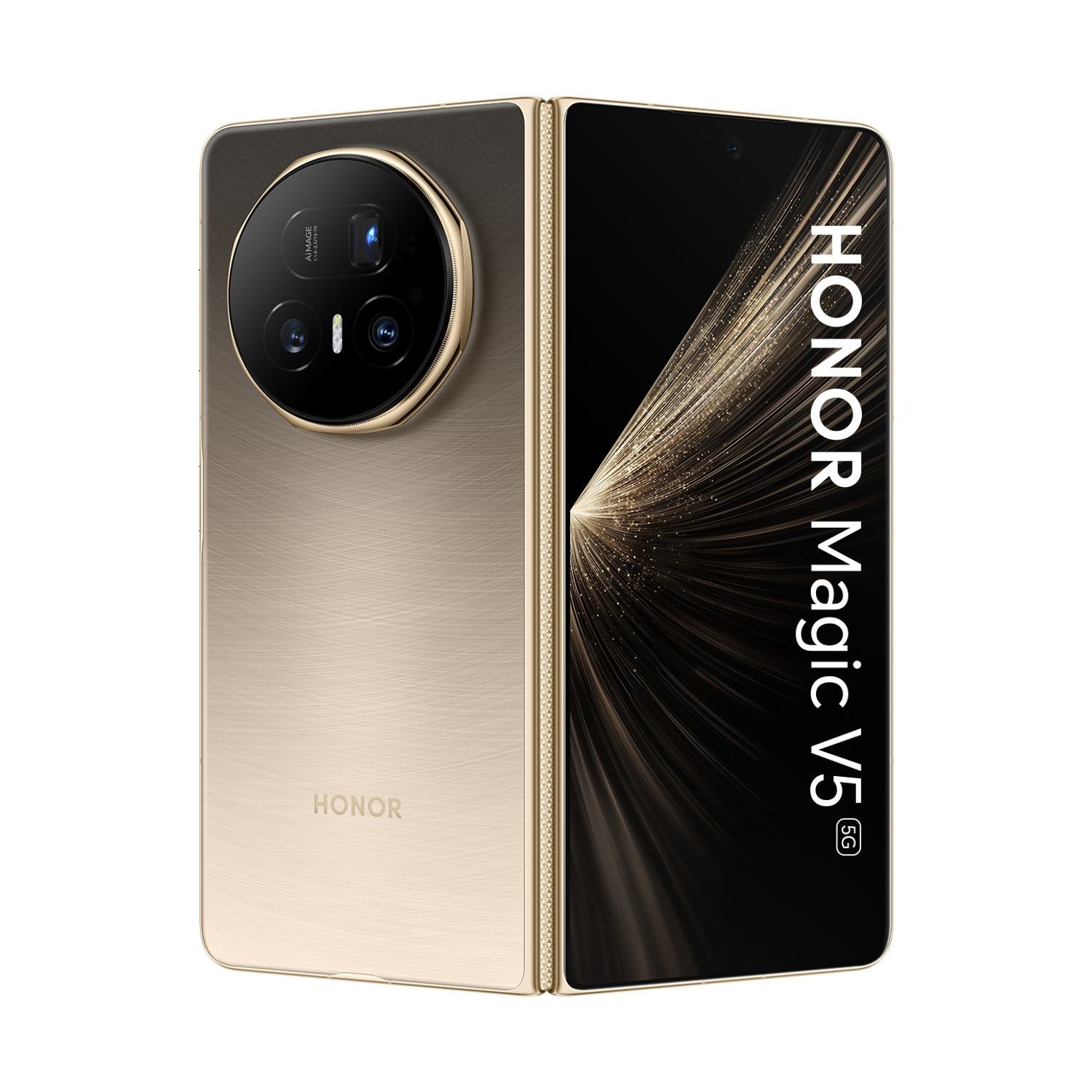 Telefono Honor Magic V5 5G dorato, piegato. Presenta un ampio modulo fotocamera, logo del marchio e schermo con nome.