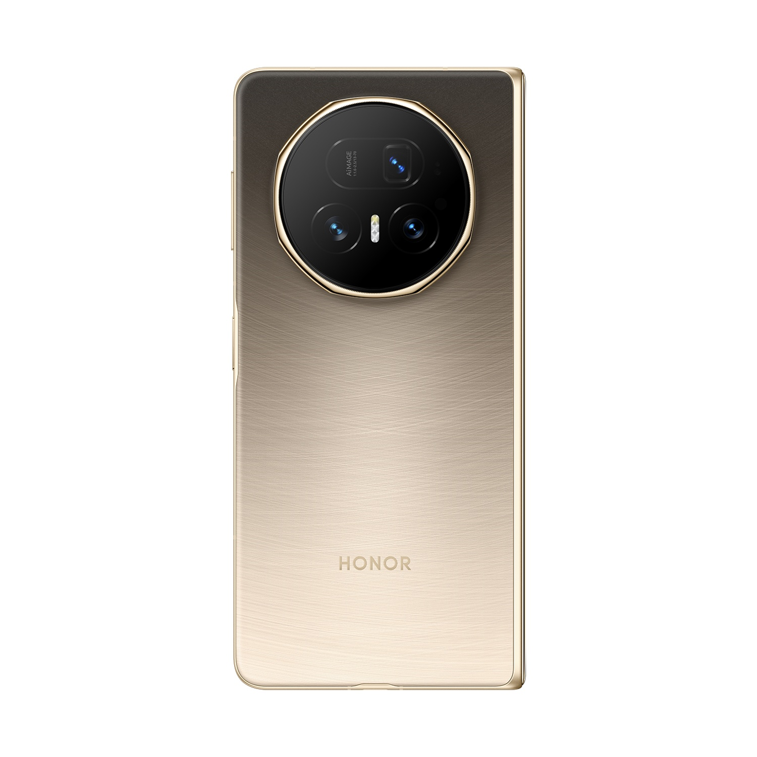 Retro di uno smartphone Honor dorato con un ampio modulo fotocamera. Il telefono ha una finitura in metallo spazzolato e il marchio HONOR è visibile.