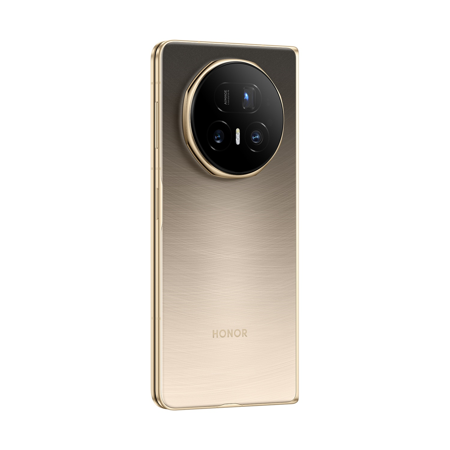 Smartphone dorato con un ampio array di fotocamere. È visibile il logo Honor. Il telefono ha un retro strutturato e una cornice dorata.