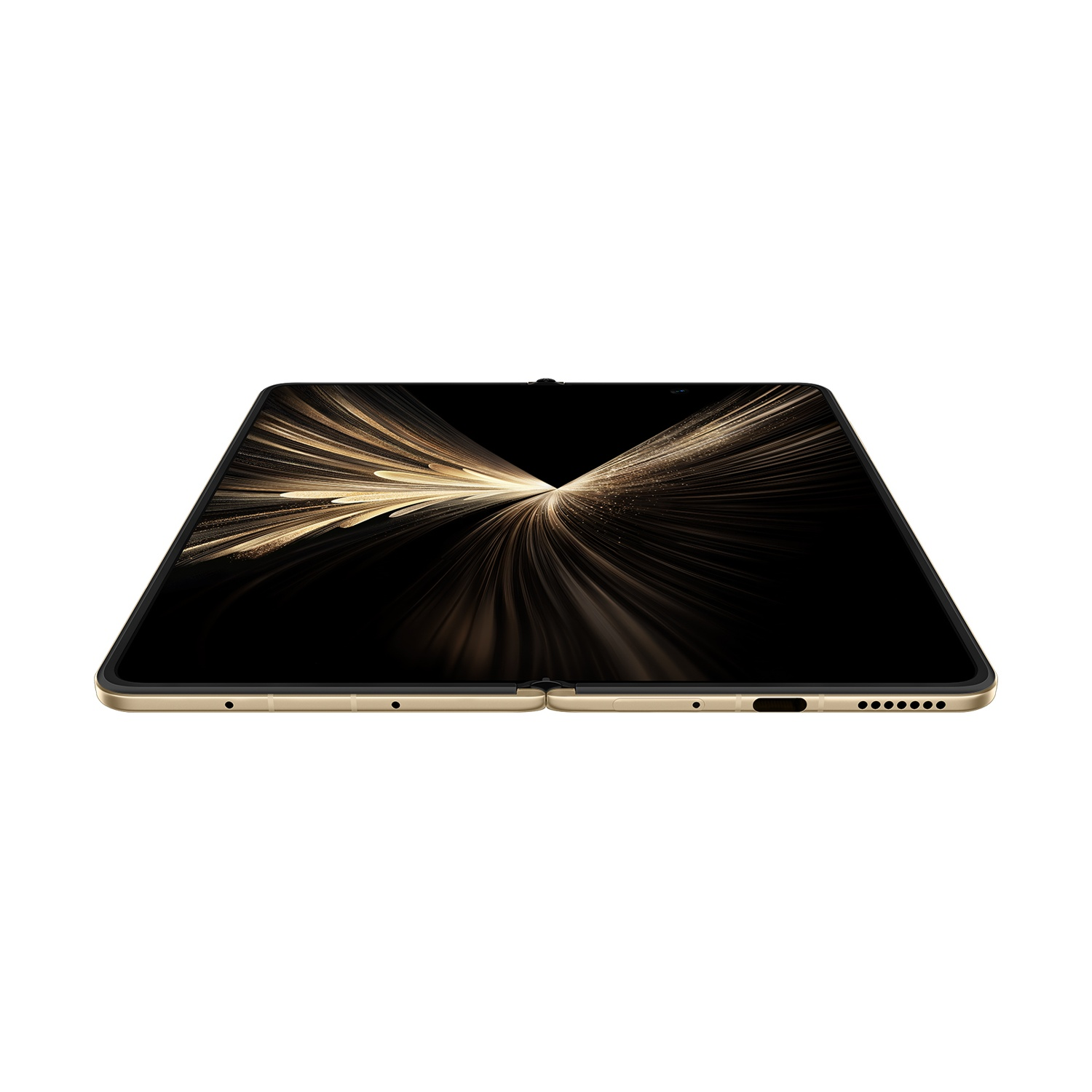 Uno smartphone pieghevole dorato è mostrato aperto. Lo schermo è nero con effetti di luce dorata. Il telefono è su una superficie bianca.